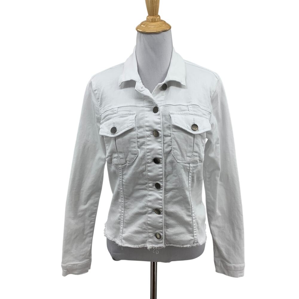 Kut From The Kloth Jacket Womens M Medium White Denim Kara Frayed Cropped Pocket